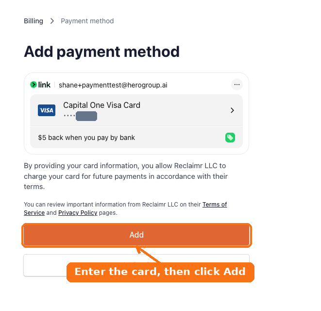 Add payment method screen with the Add button highlighted