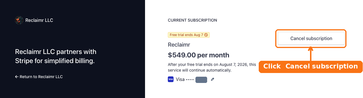 Billing portal with the Cancel subscription button highlighted