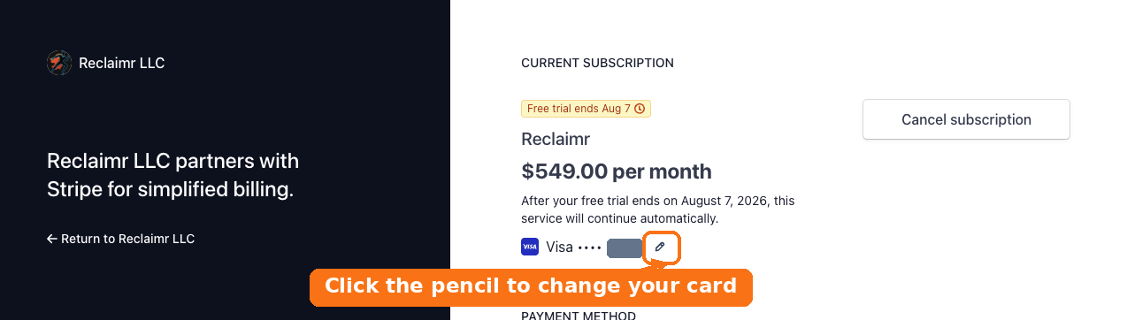 Billing portal with the edit pencil next to the saved card highlighted