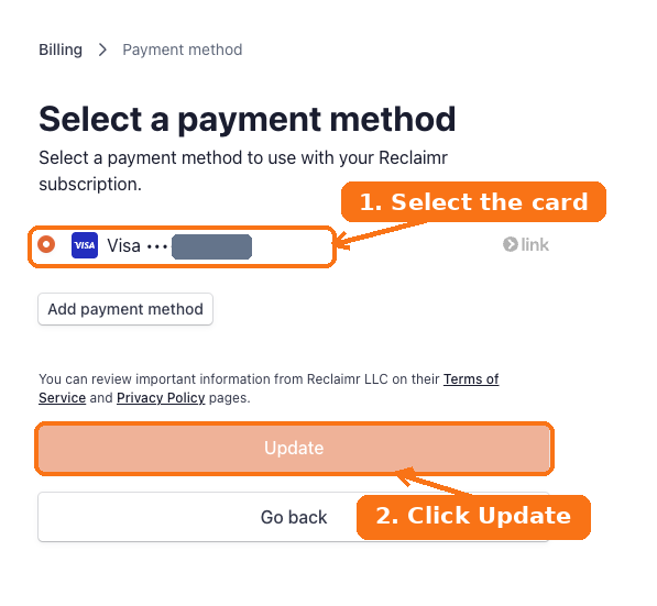 Select a payment method screen with the card and the Update button highlighted