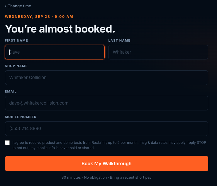 The Reclaimr booking page at reclaimr.ai/book, showing the contact details form with an empty, optional consent box beneath the mobile number field.
