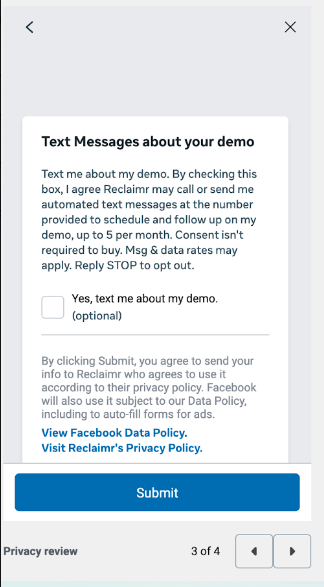 The Reclaimr lead form inside a Facebook advertisement, showing the disclosure headed Text Messages about your demo above an empty, optional consent box labelled Yes, text me about my demo.